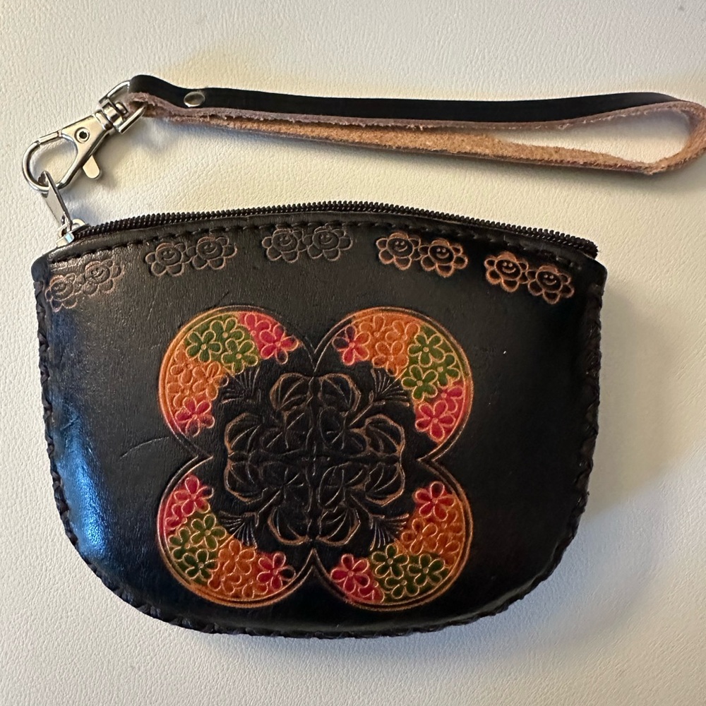 Floral Black Leather Wristlet